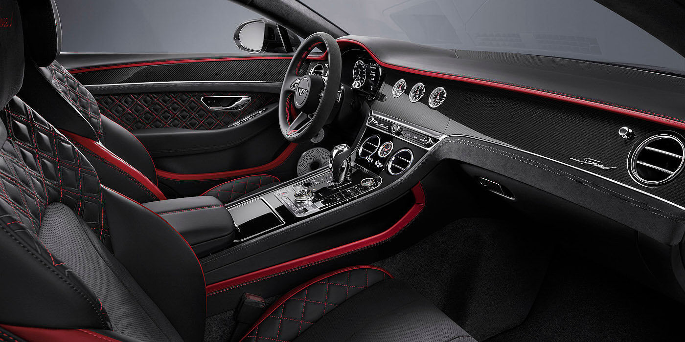 Bentley Bahrain Bentley Continental GT Speed coupe front interior in Beluga black and Hotspur red hide