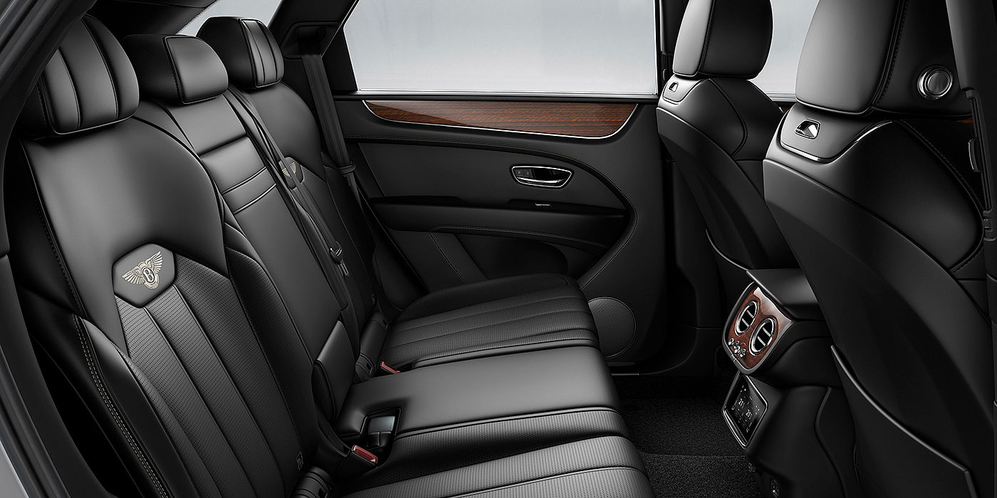 Bentley Bahrain Bentey Bentayga interior view for rear passengers with Beluga black hide.