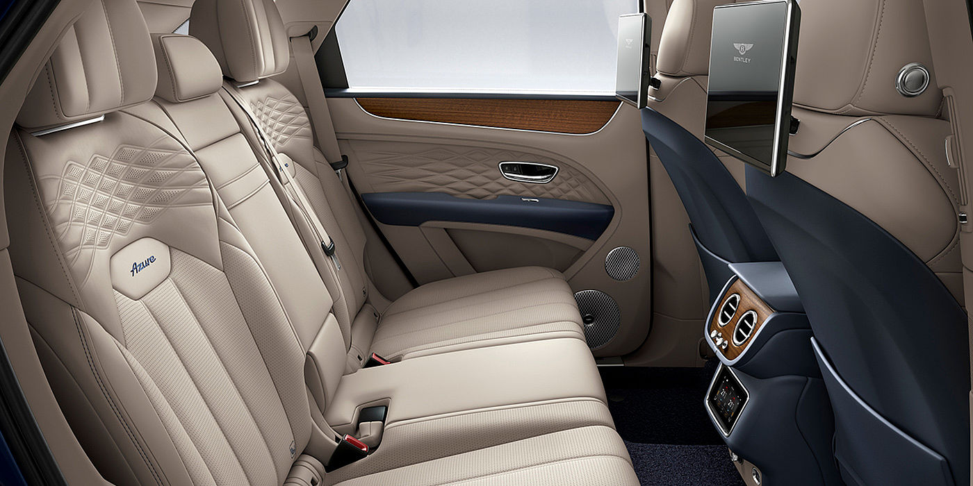 Bentley Bahrain Bentey Bentayga Azure interior view for rear passengers with Portland hide and Rear Seat Entertainment. 
