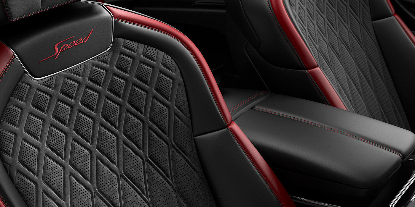 Bentley Bahrain Bentley Flying Spur Speed sedan seat stitching detail in Beluga black and Cricket Ball red hide