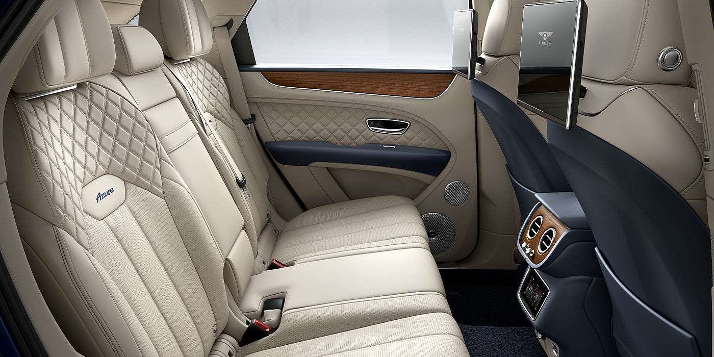 Bentley Bahrain Bentley Bentayga Azure SUV rear interior in Imperial Blue and Linen hide