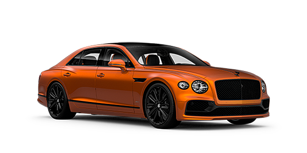 Bentley Bahrain Bentley Flying Spur Speed front side angled view in Orange Flame coloured exterior. 