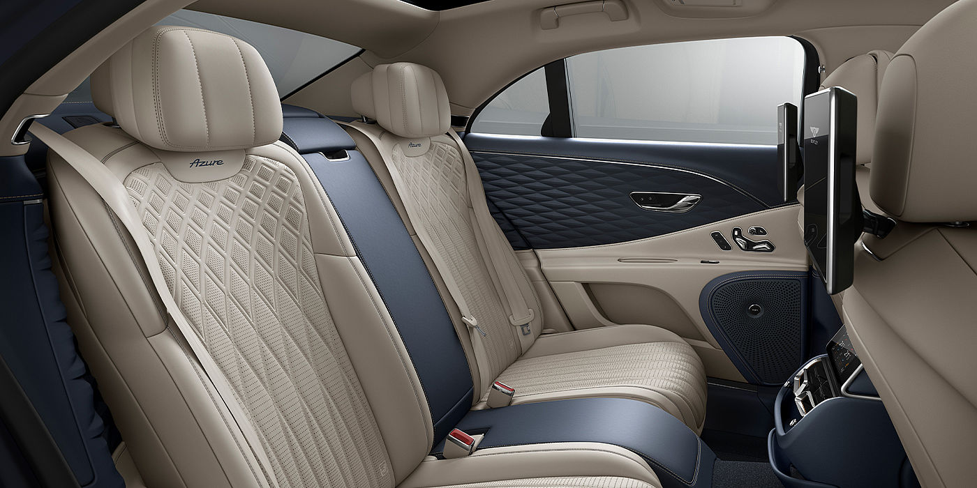 Bentley Bahrain Bentley Flying Spur Azure sedan rear interior in Imperial Blue and Linen hide