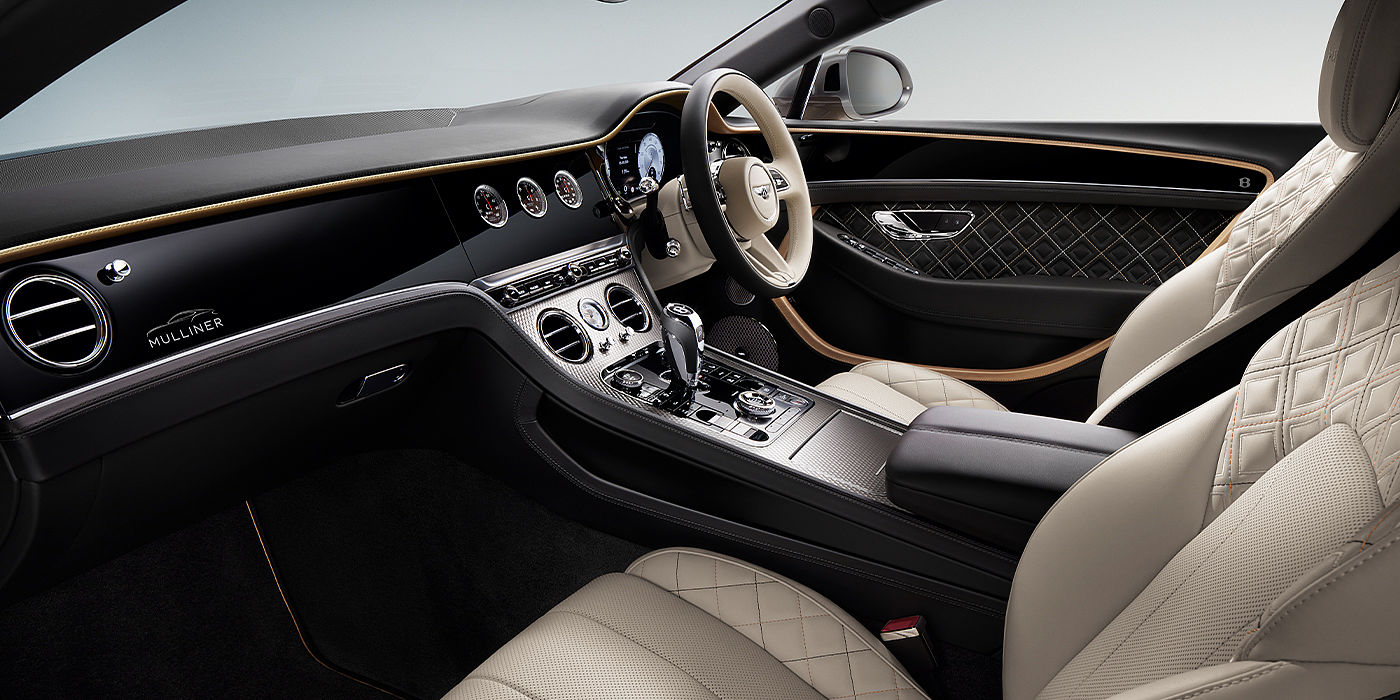Bentley Bahrain Bentley Continental GT Mulliner coupe front interior in Beluga black and Linen hide