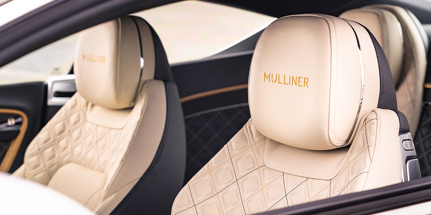 Bentley Bahrain Bentley Continental GT Mulliner coupe seat detail in Beluga black and Linen hide